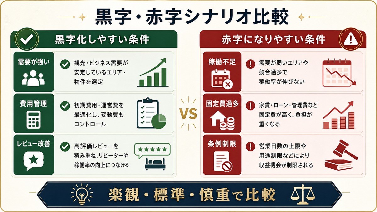 民泊の黒字シナリオと赤字シナリオを需要、費用管理、レビュー改善、稼働不足、固定費過多、条例制限で比較した図