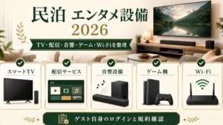 民泊のエンタメ設備をスマートTV、配信サービス、音響設備、ゲーム機、Wi-Fiで整理した図