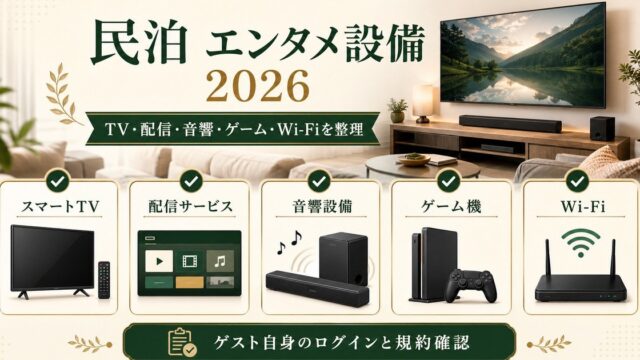 民泊のエンタメ設備をスマートTV、配信サービス、音響設備、ゲーム機、Wi-Fiで整理した図
