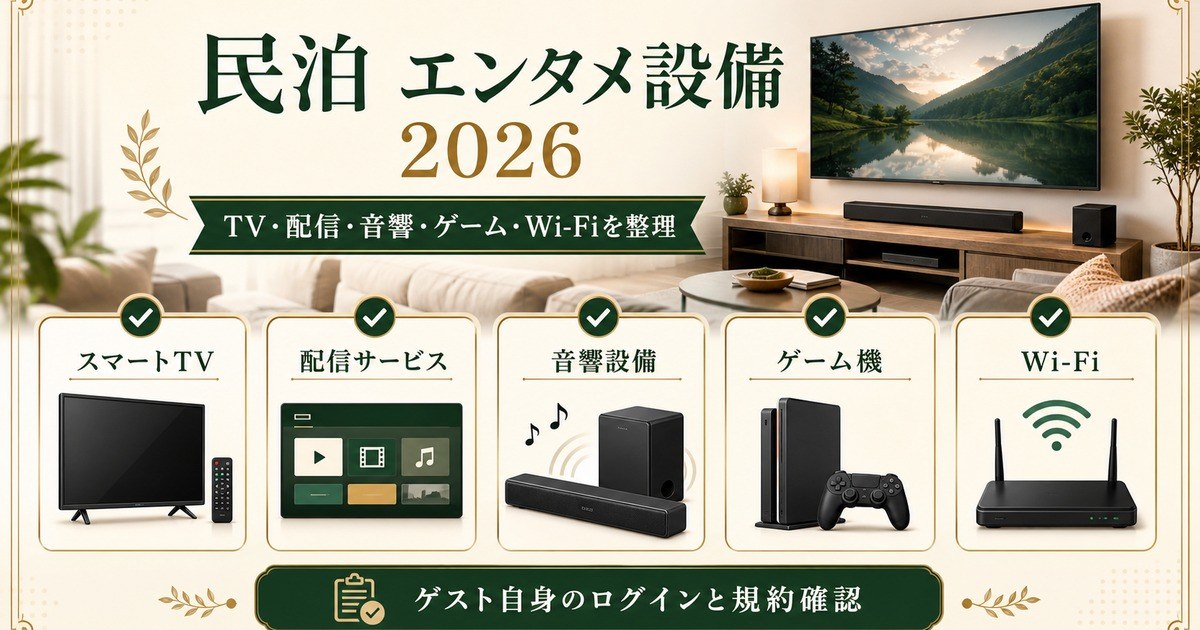 民泊のエンタメ設備をスマートTV、配信サービス、音響設備、ゲーム機、Wi-Fiで整理した図
