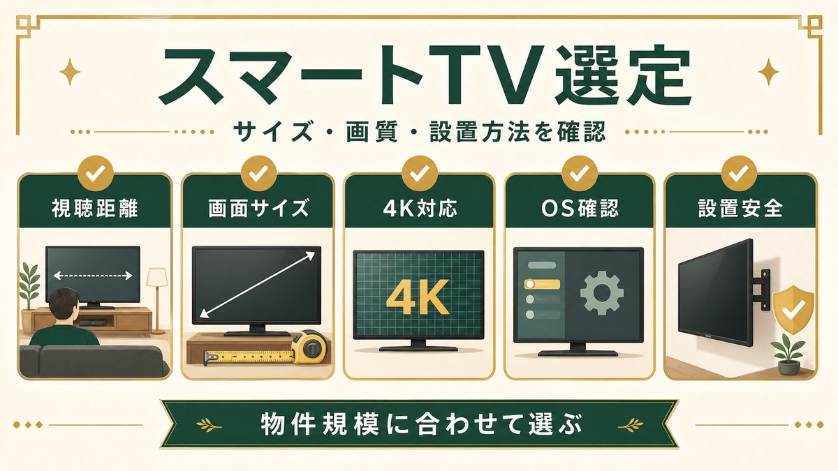 民泊のスマートTV選定を視聴距離、画面サイズ、4K対応、OS確認、設置安全で整理した図