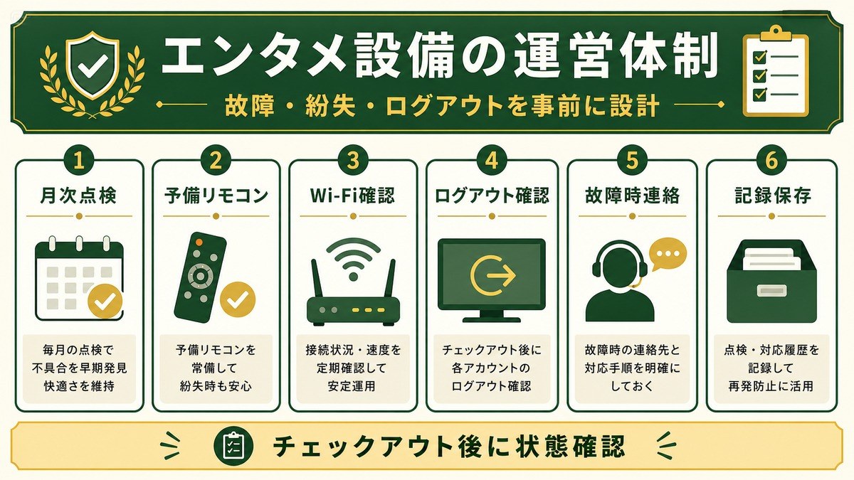 民泊エンタメ設備の運営体制を月次点検、予備リモコン、Wi-Fi確認、ログアウト確認、故障時連絡、記録保存で示した図