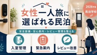 女性一人旅に選ばれる民泊の入室管理、緊急案内、レビュー改善を整理した図