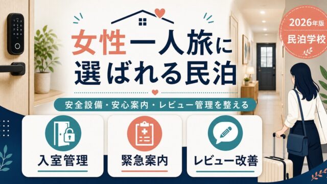 女性一人旅に選ばれる民泊の入室管理、緊急案内、レビュー改善を整理した図