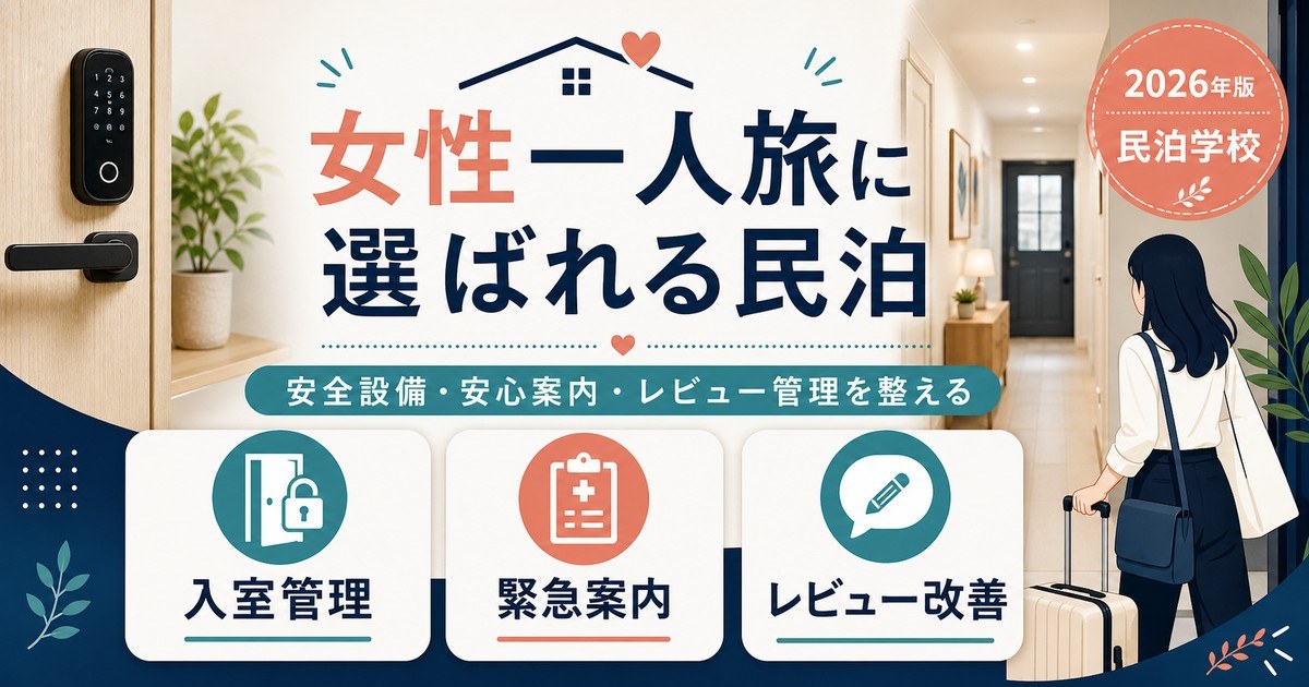 女性一人旅に選ばれる民泊の入室管理、緊急案内、レビュー改善を整理した図