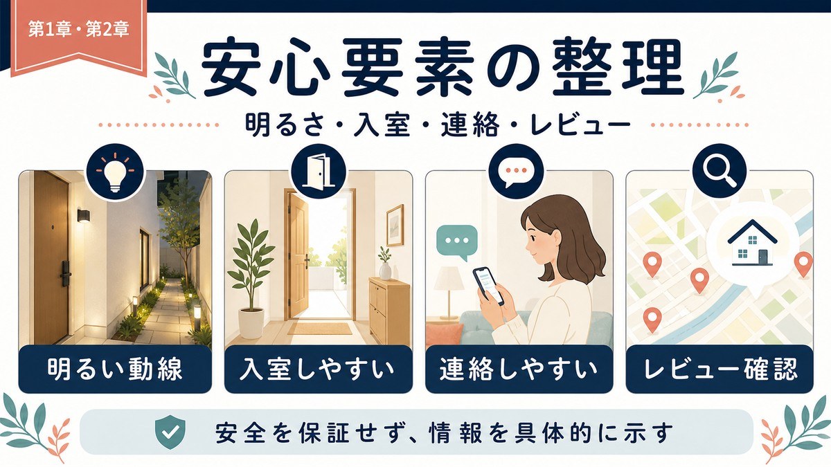 ソロ女性ゲストの安心要素を明るい動線、入室しやすさ、連絡しやすさ、レビュー確認で整理した図