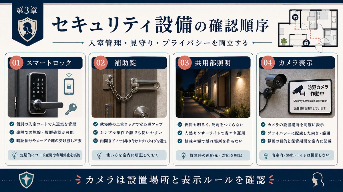 セキュリティ設備の確認順序をスマートロック、補助錠、共用部照明、カメラ表示で整理した図
