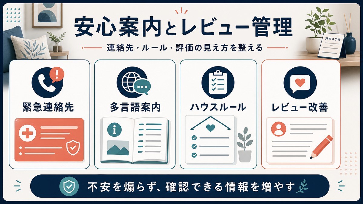 安心案内とレビュー管理を緊急連絡先、多言語案内、ハウスルール、レビュー改善で整理した図