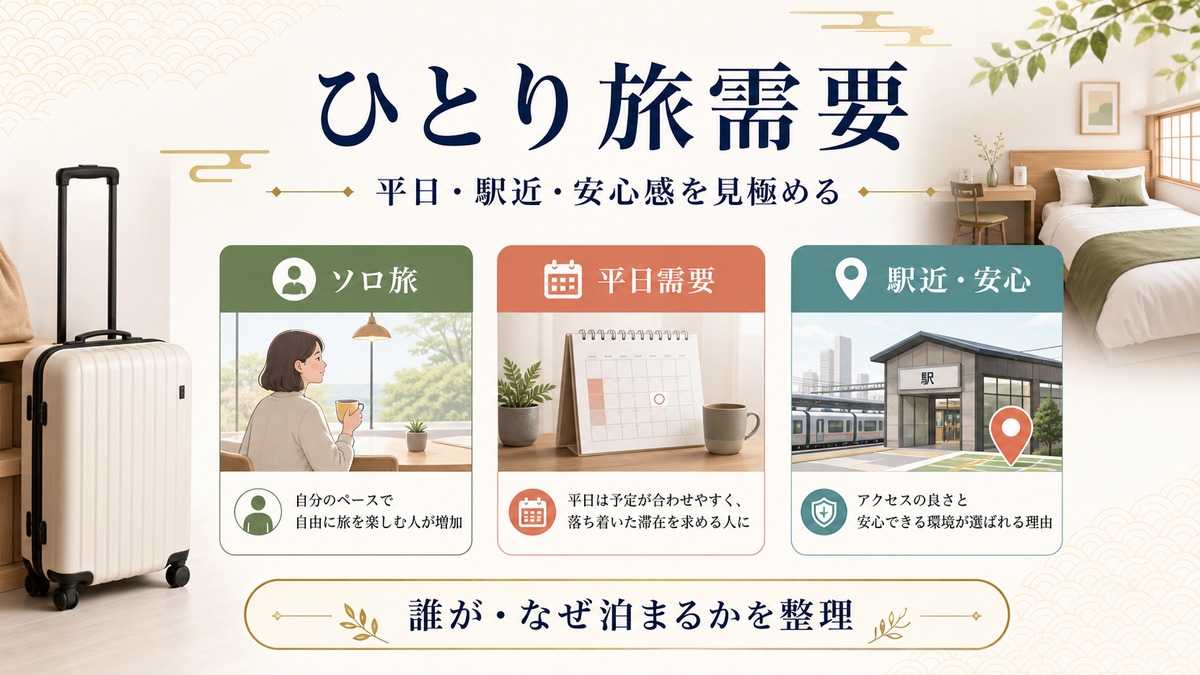 ひとり旅向け民泊需要をソロ旅、平日需要、駅近安心で整理した図