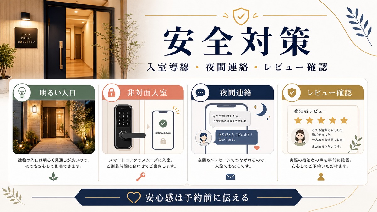 ひとり旅ゲストへの安全対策を明るい入口、非対面入室、夜間連絡、レビュー確認で示した図