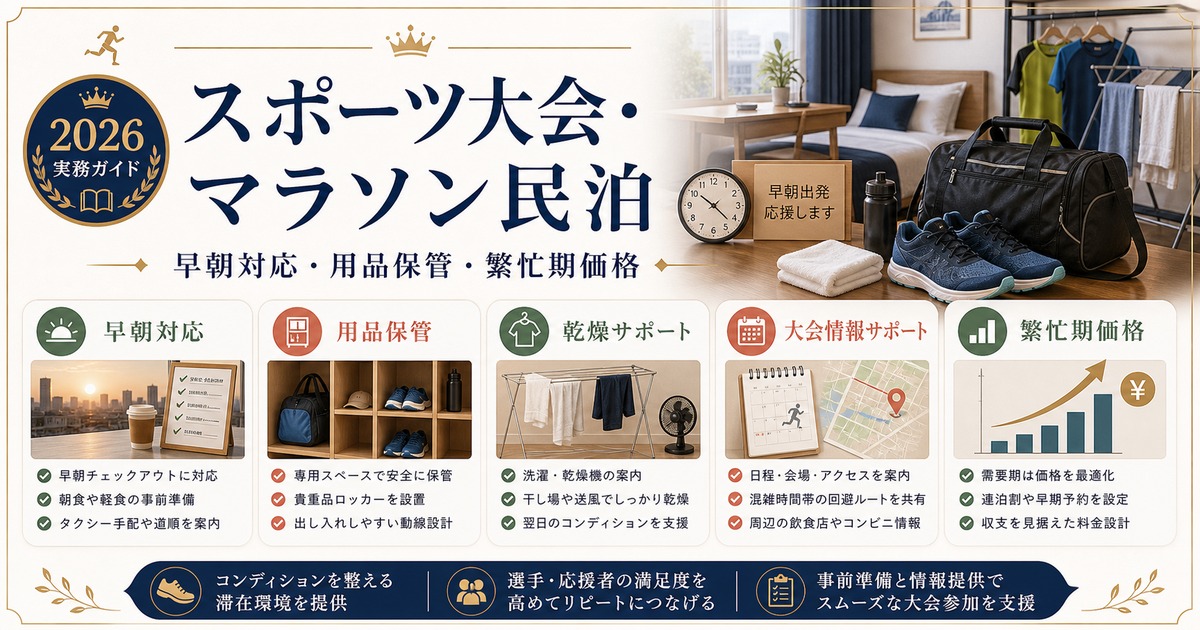 スポーツ大会・マラソン向け民泊の早朝対応、用品保管、繁忙期価格を整理した図