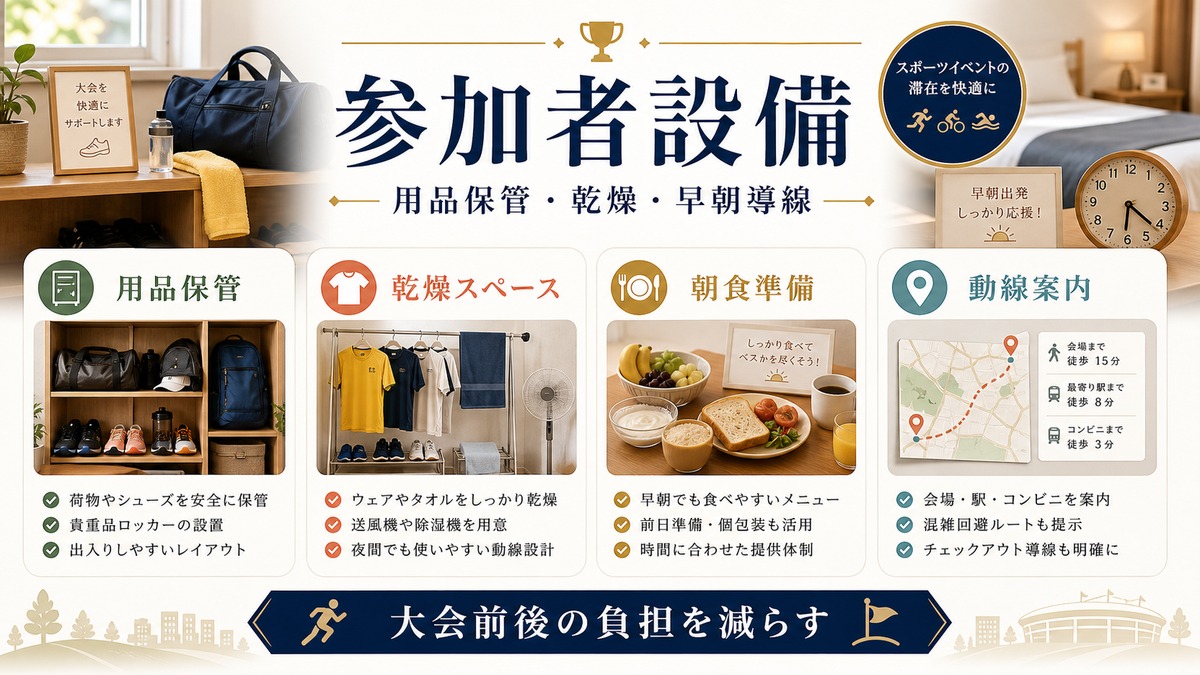 スポーツ参加者向け民泊設備を用品保管、乾燥スペース、朝食準備、動線案内で整理した図