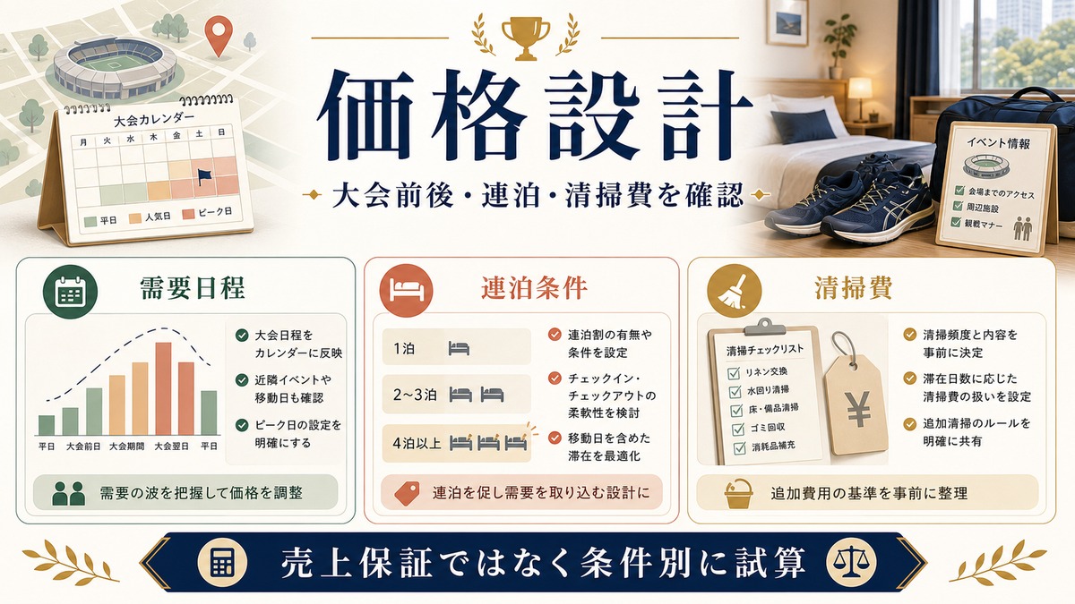 スポーツ大会前後の価格設計を需要日程、連泊条件、清掃費で整理した図