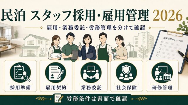 民泊のスタッフ採用・雇用管理を採用準備、雇用契約、業務委託、社会保険、研修管理で整理した図