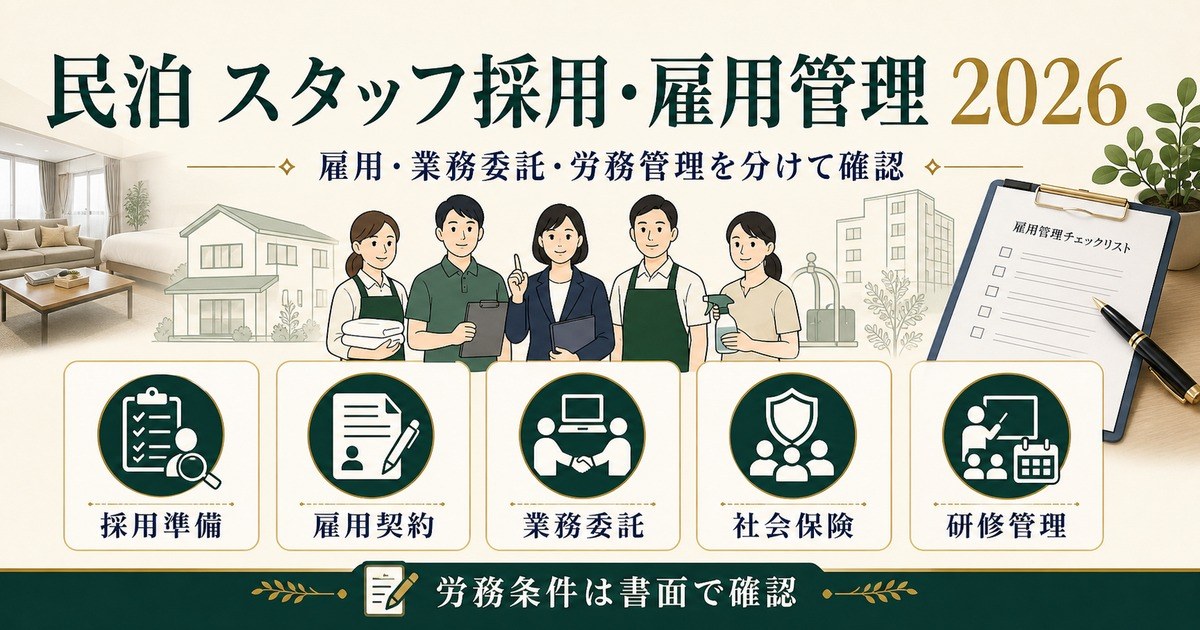 民泊のスタッフ採用・雇用管理を採用準備、雇用契約、業務委託、社会保険、研修管理で整理した図