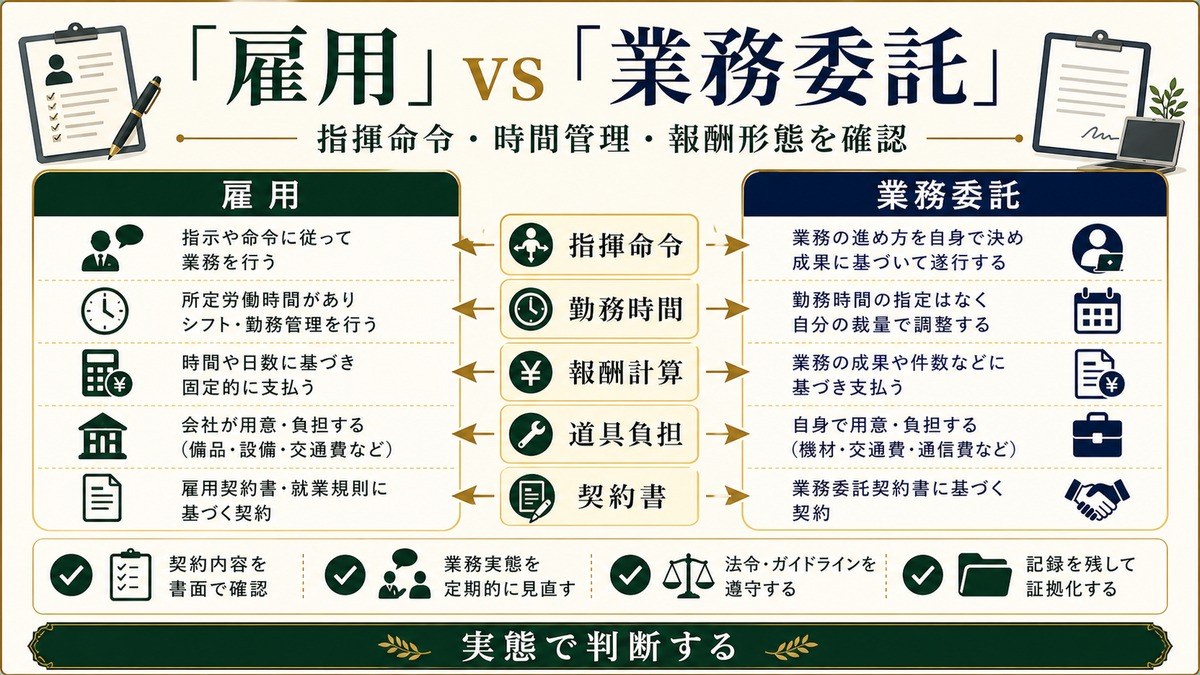 民泊スタッフの雇用と業務委託を指揮命令、勤務時間、報酬計算、道具負担、契約書で比較した図