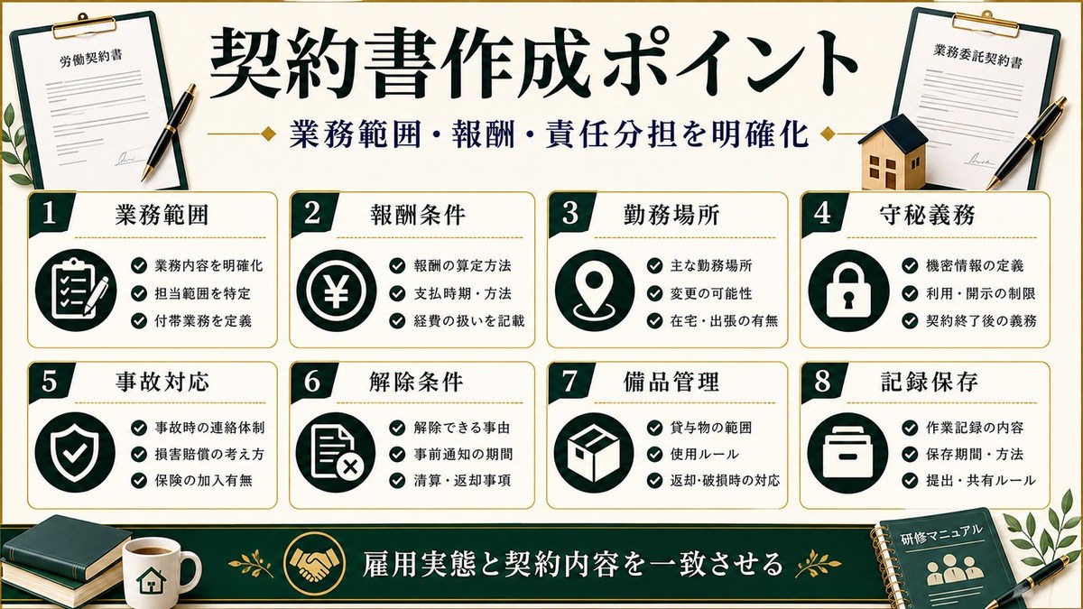 民泊スタッフの契約書作成ポイントを業務範囲、報酬条件、勤務場所、守秘義務、事故対応、解除条件、備品管理で整理した図