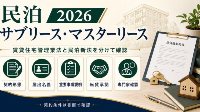 民泊のサブリース・マスターリースを契約形態、届出名義、重要事項説明、転貸承諾、専門家確認で整理した図