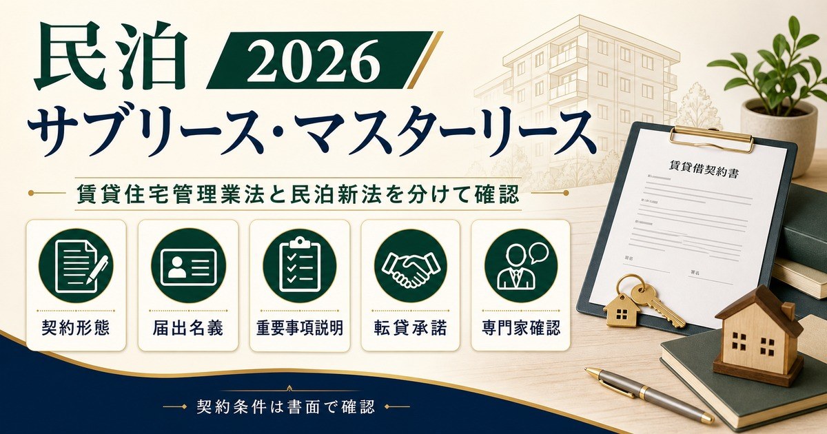 民泊のサブリース・マスターリースを契約形態、届出名義、重要事項説明、転貸承諾、専門家確認で整理した図