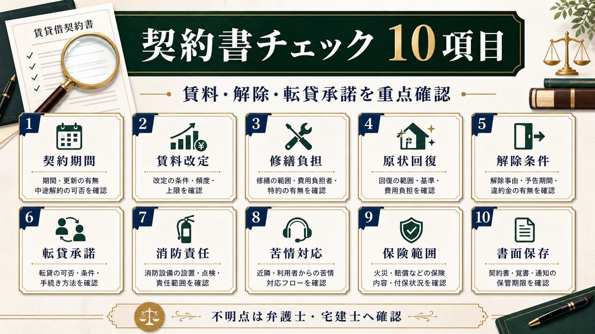 マスターリース契約書の確認項目を契約期間、賃料改定、修繕負担、原状回復、解除条件、転貸承諾などで整理した図