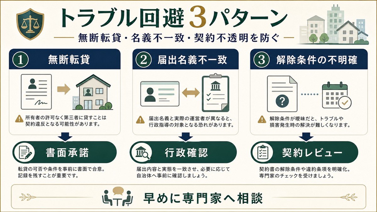 民泊サブリースのトラブル回避策を無断転貸、届出名義不一致、解除条件不明確の3パターンで示した図