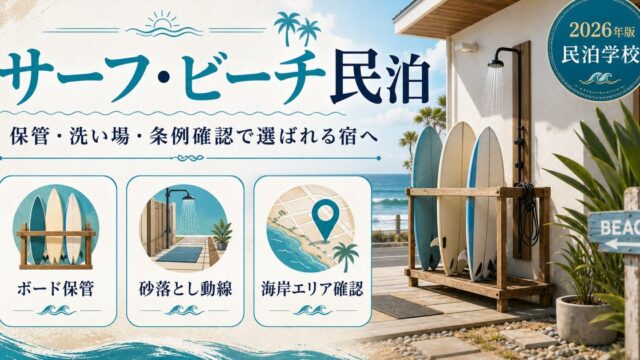 サーフ・ビーチ民泊のボード保管、砂落とし動線、海岸エリア確認を整理した図
