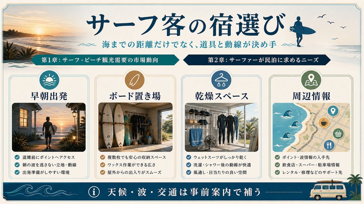 サーフ客の宿選びを早朝出発、ボード置き場、乾燥スペース、周辺情報で整理した図