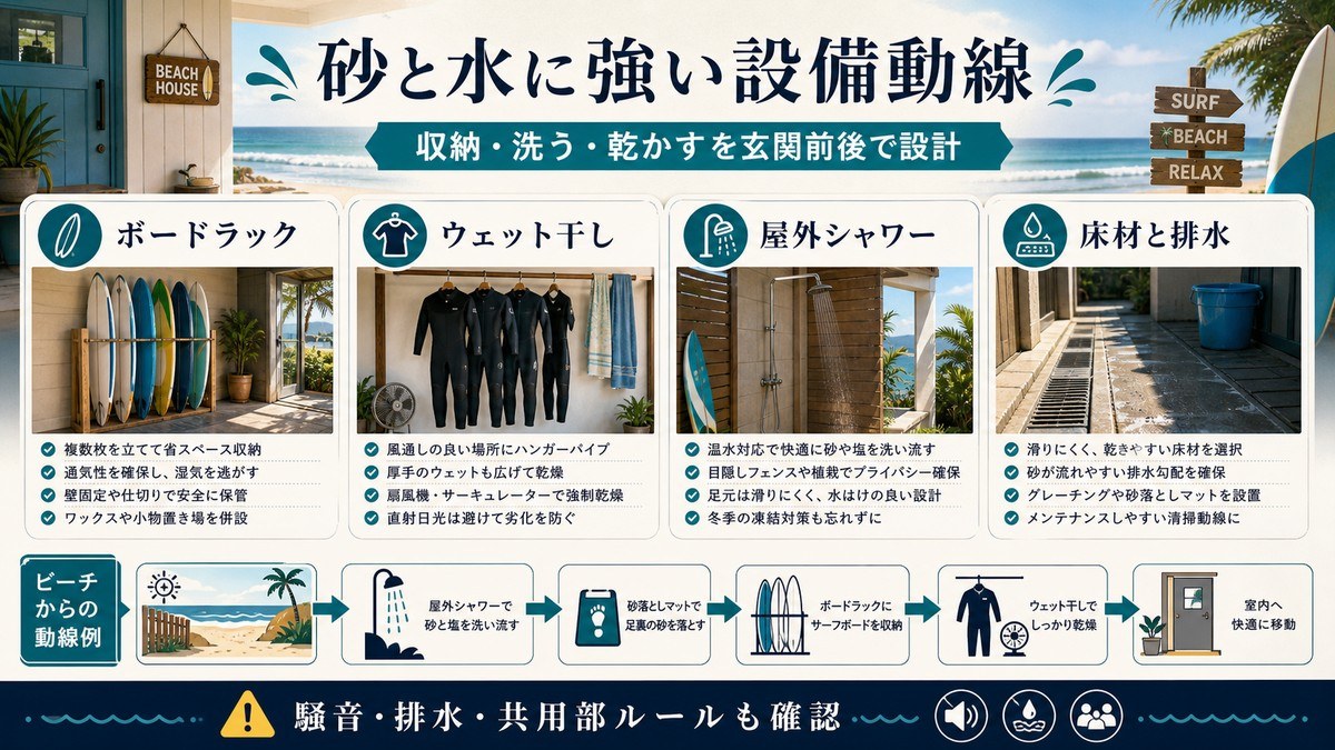 サーフ民泊の設備動線をボードラック、ウェット干し、屋外シャワー、床材と排水で整理した図