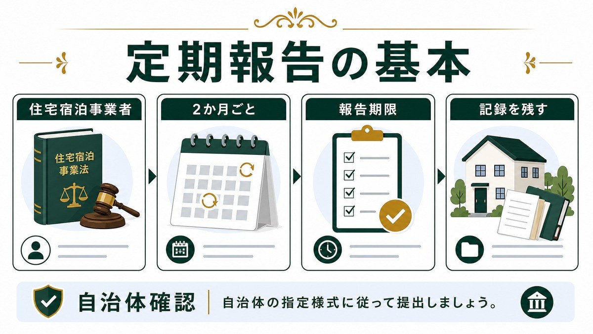 民泊定期報告の基本を住宅宿泊事業者、2か月ごと、報告期限、記録保存、自治体確認で示した図