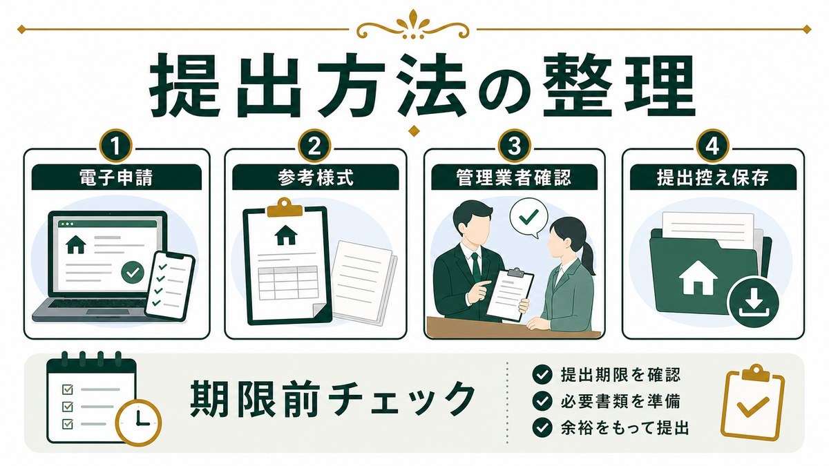 民泊定期報告の提出方法を電子申請、参考様式、管理業者確認、提出控え保存で示した図