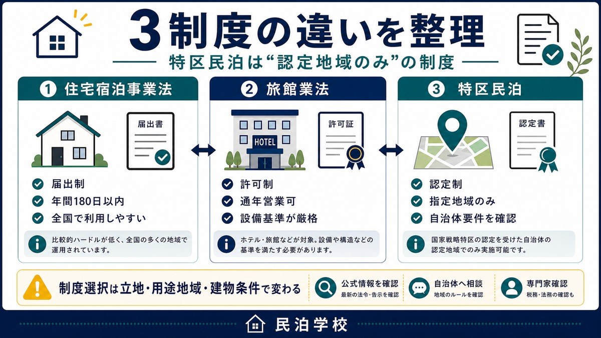 特区民泊 民泊新法 旅館業法 3制度比較 Image2完成デザイン