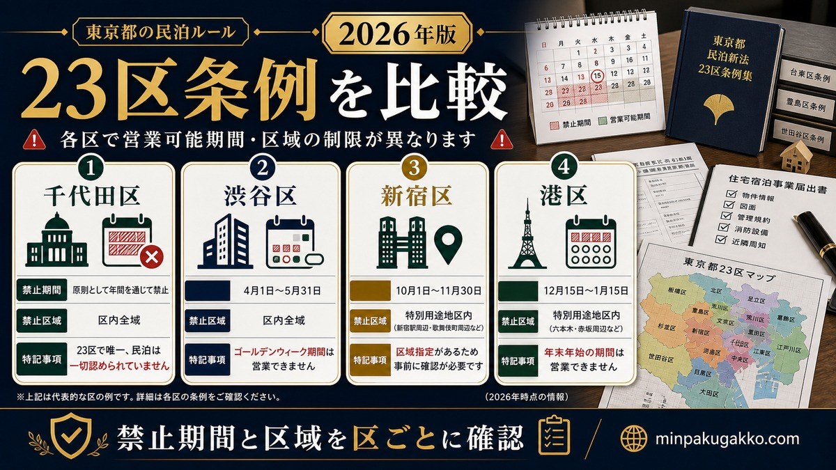 東京都23区 民泊条例制限と禁止期間比較 Image2完成デザイン
