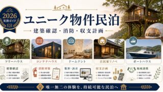 ユニーク物件民泊の建築確認、消防確認、収支計画を整理した図