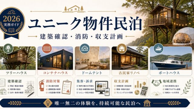 ユニーク物件民泊の建築確認、消防確認、収支計画を整理した図