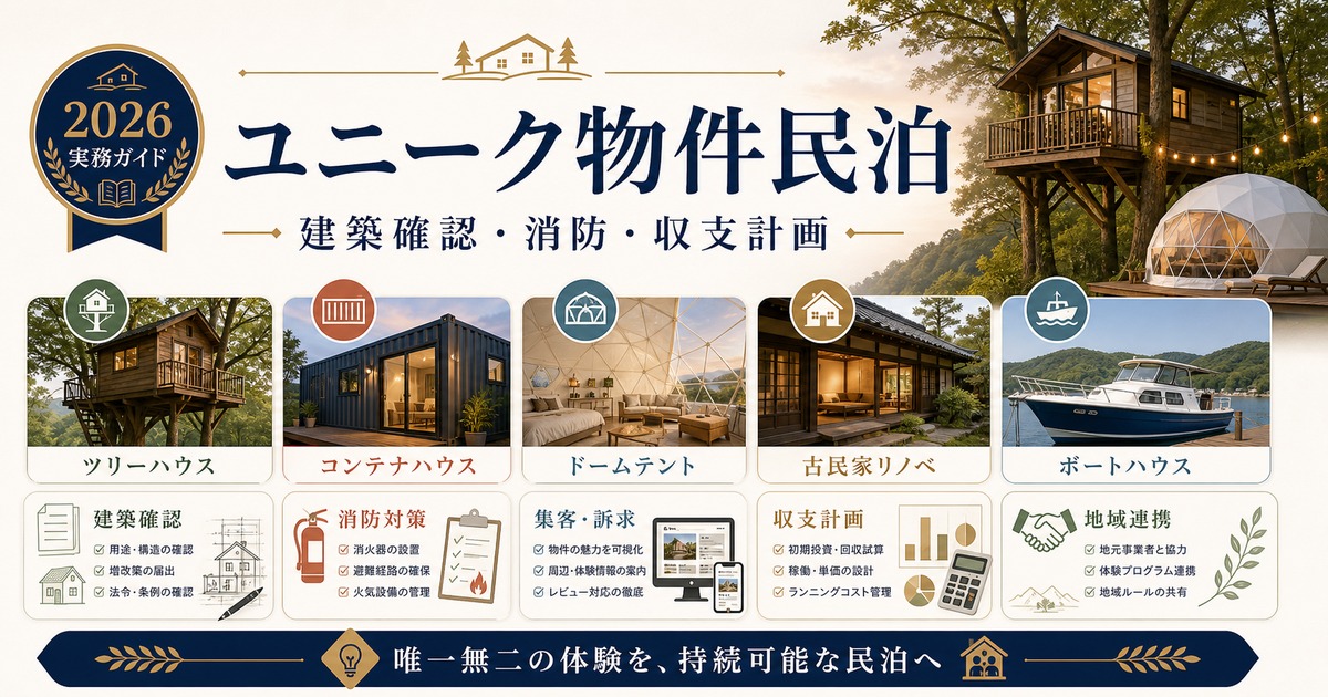 ユニーク物件民泊の建築確認、消防確認、収支計画を整理した図
