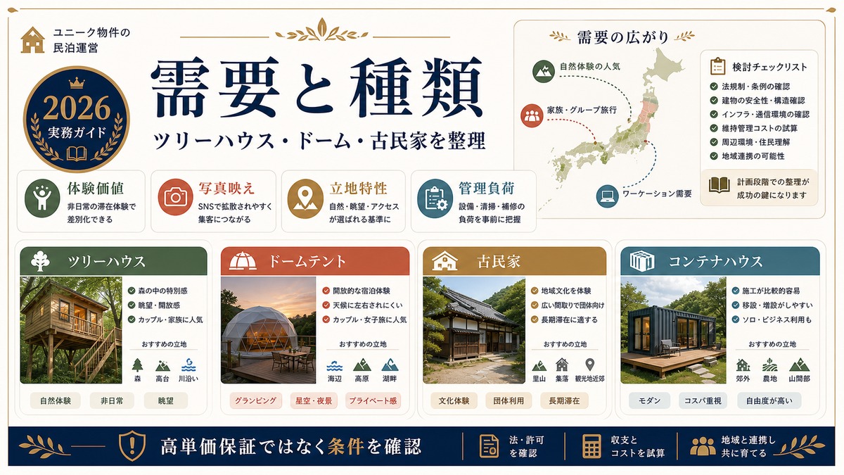 ユニーク物件民泊の需要と種類を体験価値、写真映え、立地特性、管理負荷で整理した図