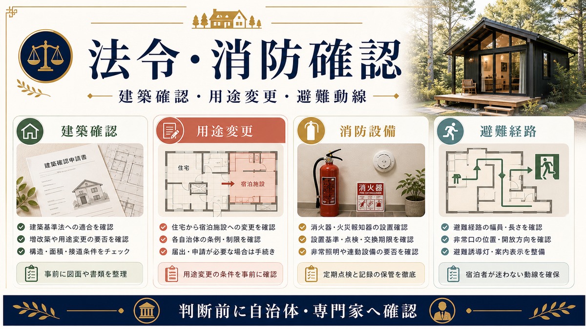 ユニーク物件民泊の法令消防確認を建築確認、用途変更、消防設備、避難経路で整理した図