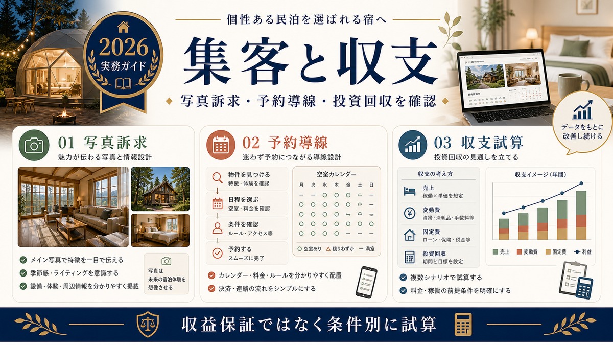 ユニーク物件民泊の集客と収支を写真訴求、予約導線、収支試算で整理した図