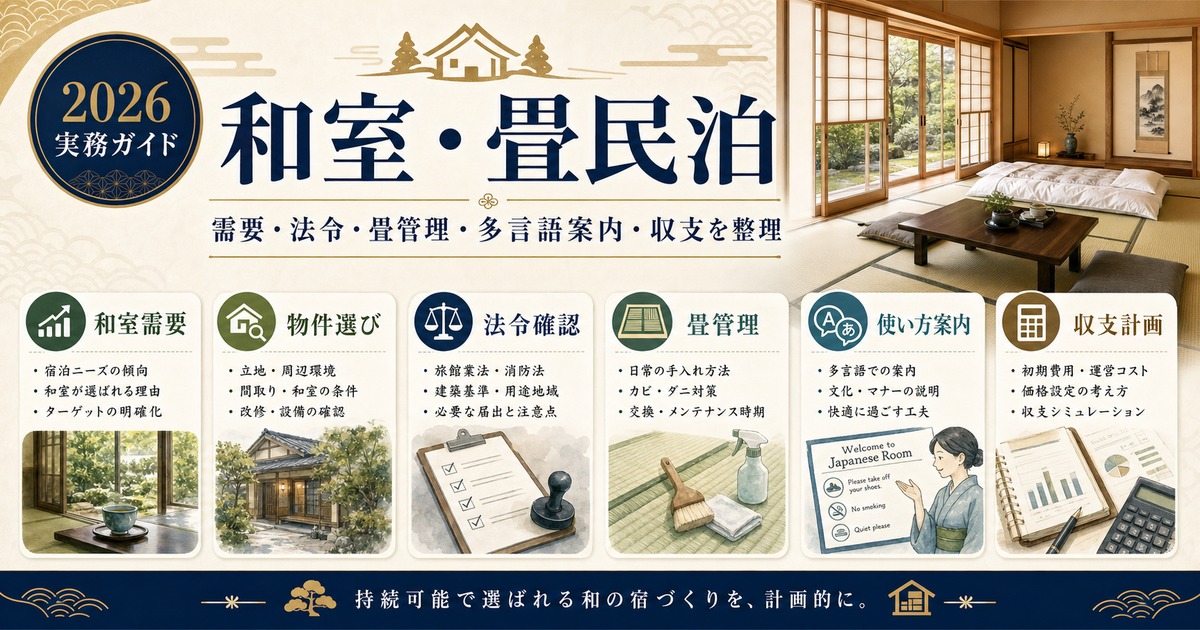 和室・畳民泊の需要、法令、畳管理、多言語案内、収支計画を整理した図
