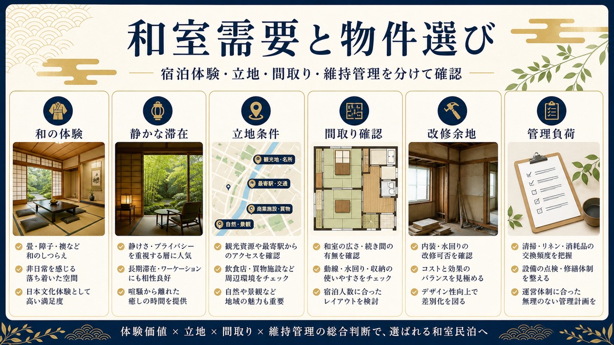 和室畳民泊の需要と物件選びを和の体験、立地条件、間取り、維持管理で整理した図