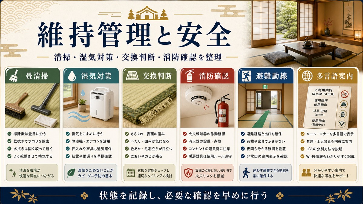 和室畳民泊の維持管理と安全確認を畳清掃、湿気対策、消防確認、避難動線で整理した図