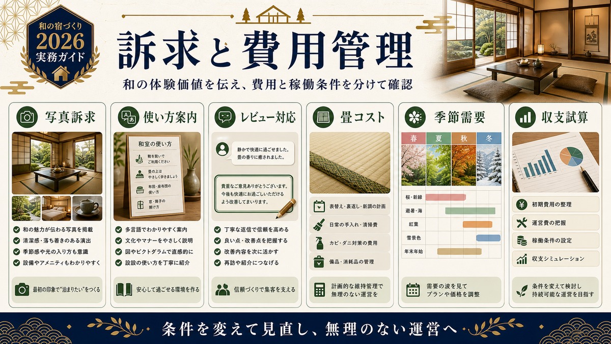 和室畳民泊の訴求と費用管理を写真訴求、使い方案内、畳コスト、収支試算で整理した図
