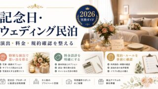 記念日やウェディング向け民泊の演出、料金、規約確認を整理した図