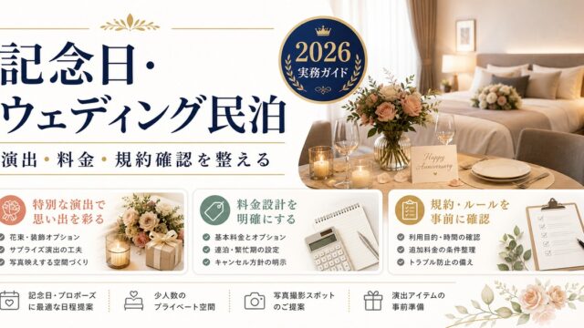 記念日やウェディング向け民泊の演出、料金、規約確認を整理した図