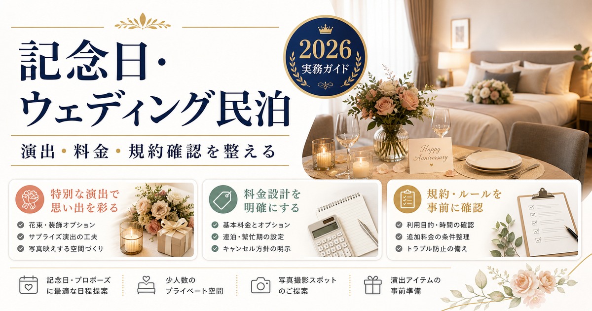 記念日やウェディング向け民泊の演出、料金、規約確認を整理した図