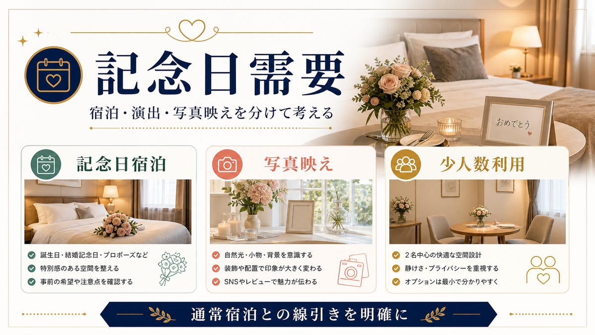 記念日やウェディング向け民泊需要を記念日宿泊、写真映え、少人数利用で整理した図