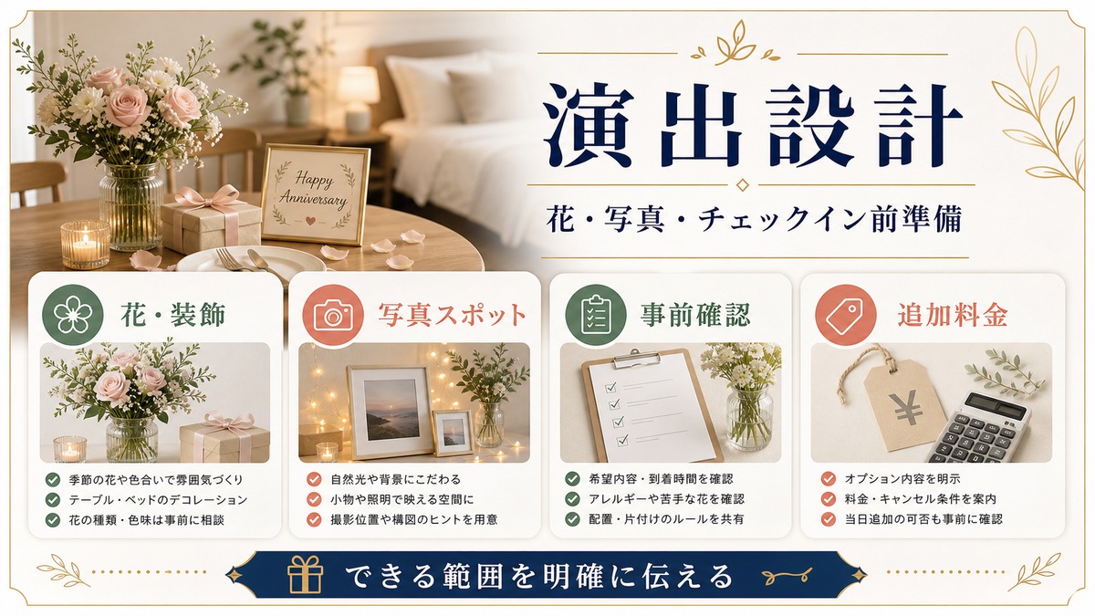 記念日向け民泊の演出設計を花装飾、写真スポット、事前確認、追加料金で整理した図