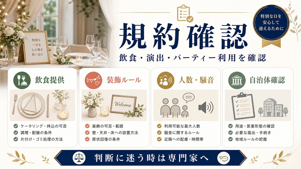 記念日民泊の規約確認を飲食提供、装飾ルール、人数騒音、自治体確認で整理した図