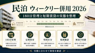民泊とウィークリー短期賃貸の併用を180日管理、定期借家、契約区分、税務確認、無届け回避で整理した図