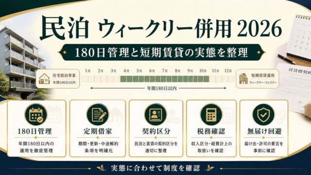 民泊とウィークリー短期賃貸の併用を180日管理、定期借家、契約区分、税務確認、無届け回避で整理した図